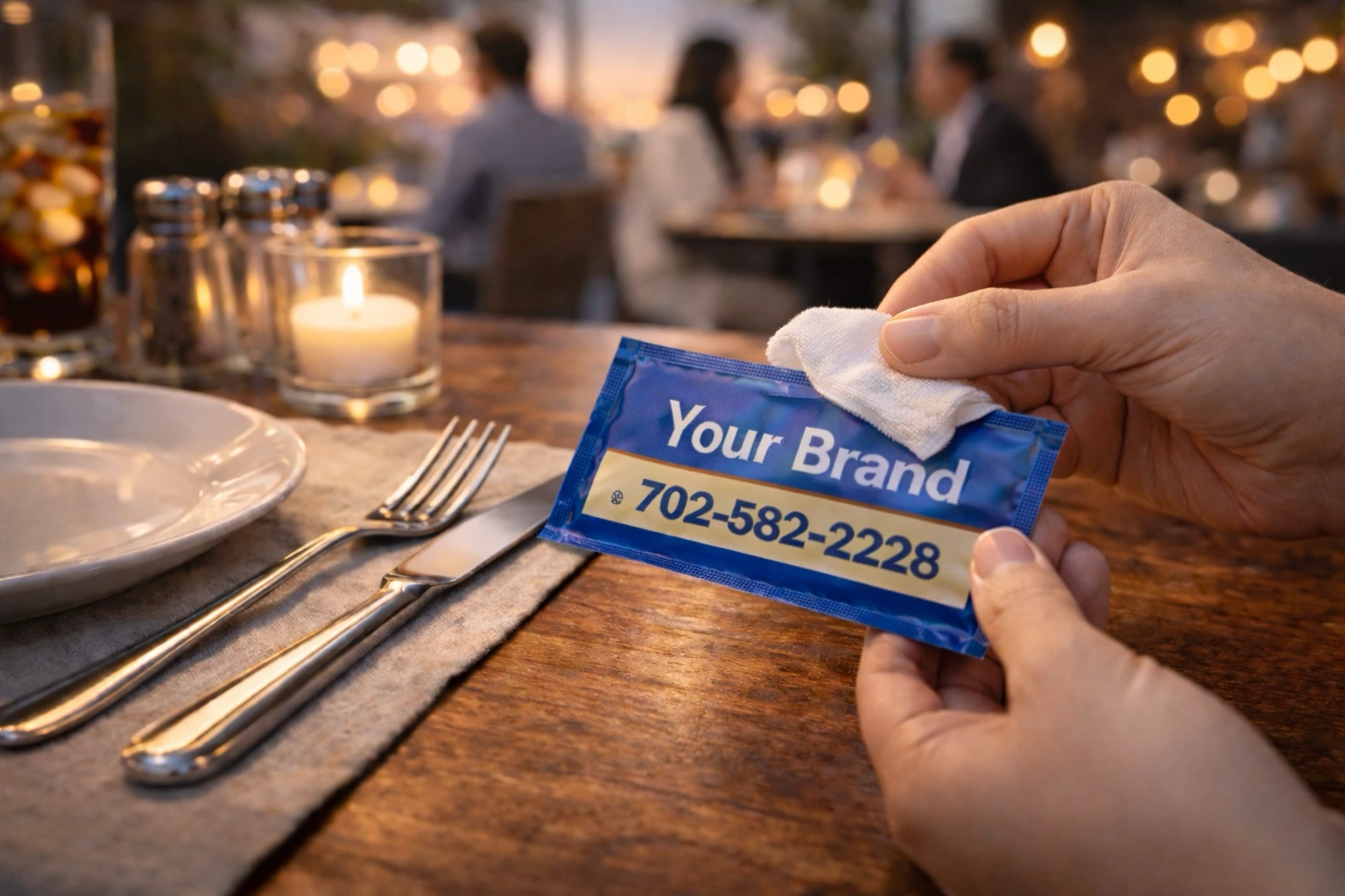 Close-up of a custom branded wet wipe sachet showing marketing artwork