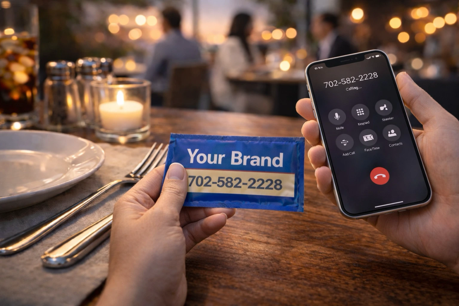 Guest using a branded wet wipe sachet during a restaurant visit