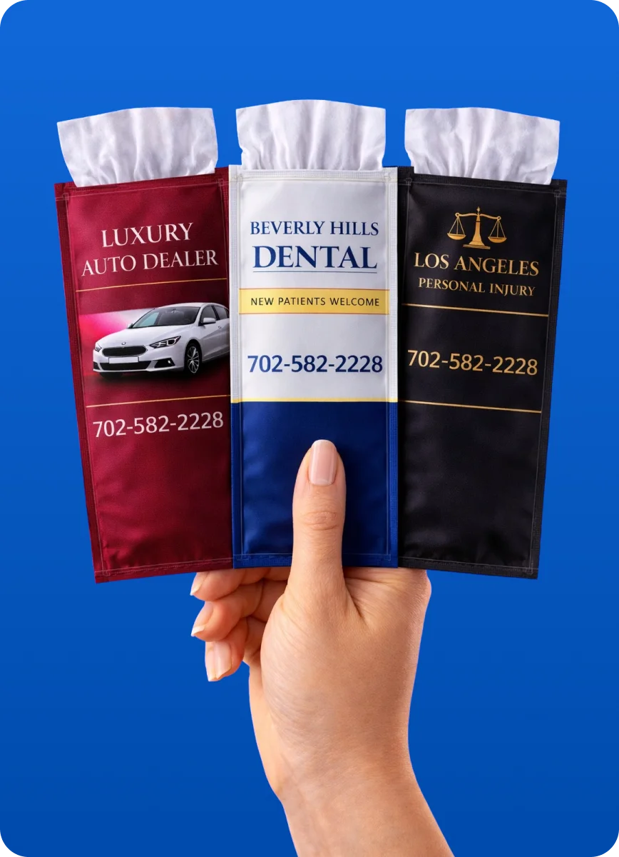 Branded wet wipe sachet displayed as a tactile restaurant advertising format