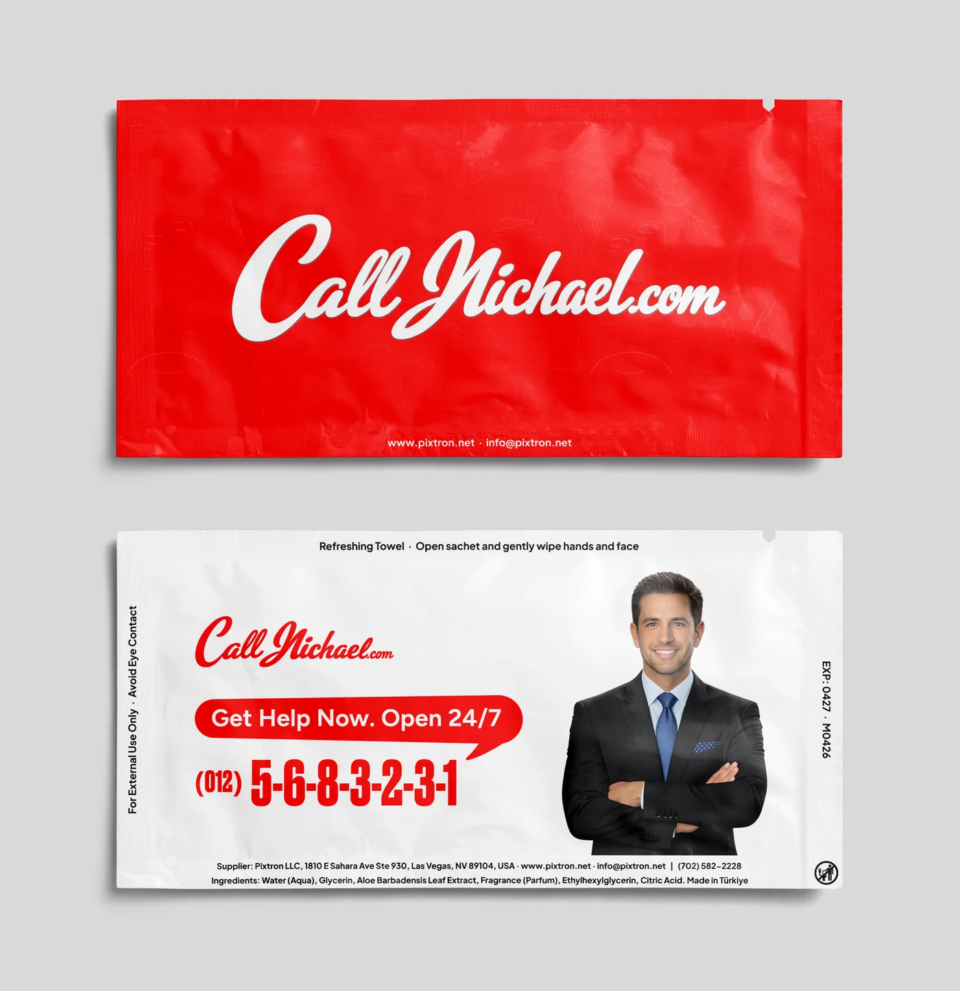 Call Michael branded wet wipe design front view