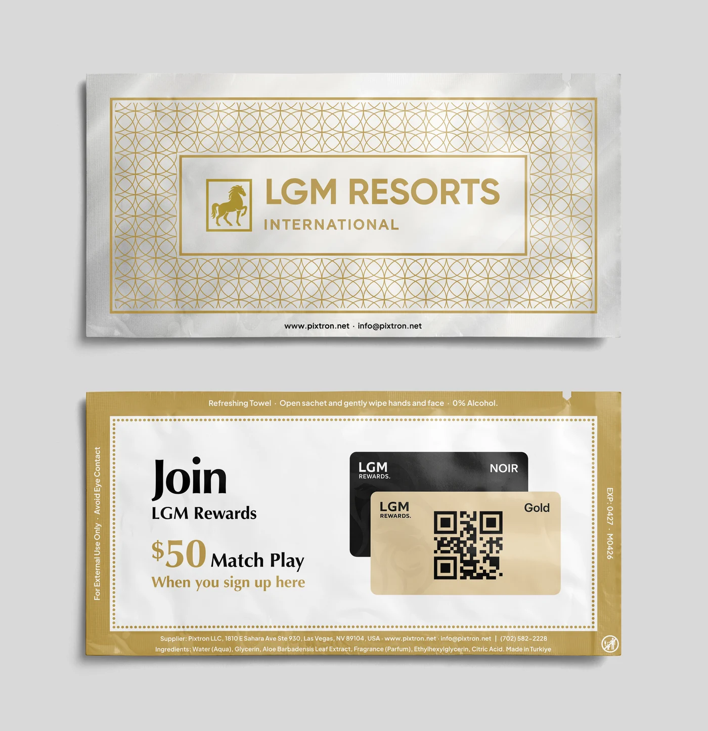 LGM Resorts branded wet wipe design front view